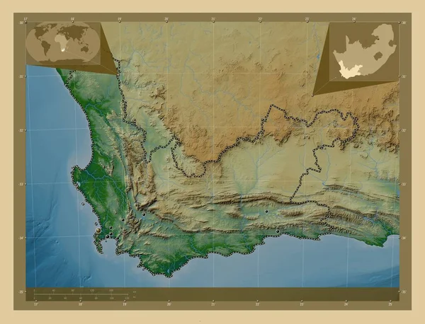 Western Cape, province of South Africa. Colored elevation map with lakes and rivers. Locations of major cities of the region. Corner auxiliary location maps