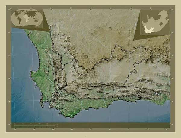 Western Cape, province of South Africa. Elevation map colored in wiki style with lakes and rivers. Locations of major cities of the region. Corner auxiliary location maps