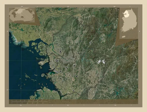 韓国の京畿道 高解像度衛星地図 地域の主要都市の場所 コーナー補助位置図 — ストック写真