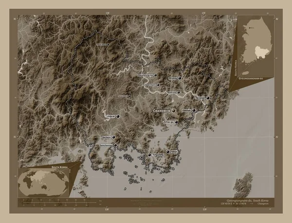 Кёнсангнам Провинция Южная Корея Карта Высоты Окрашенная Сепиевые Тона Озерами — стоковое фото