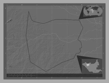 Northern Bahr-el-Ghazal, state of South Sudan. Bilevel elevation map with lakes and rivers. Corner auxiliary location maps