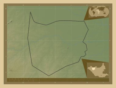 Northern Bahr-el-Ghazal, state of South Sudan. Colored elevation map with lakes and rivers. Locations of major cities of the region. Corner auxiliary location maps
