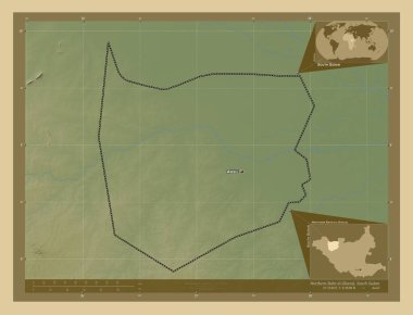 Northern Bahr-el-Ghazal, state of South Sudan. Colored elevation map with lakes and rivers. Locations and names of major cities of the region. Corner auxiliary location maps