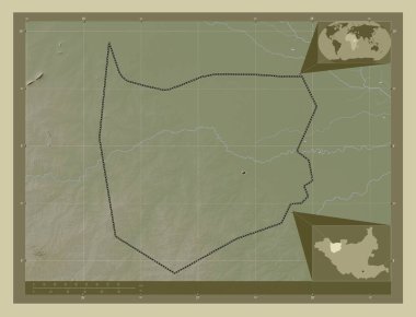 Northern Bahr-el-Ghazal, state of South Sudan. Elevation map colored in wiki style with lakes and rivers. Corner auxiliary location maps
