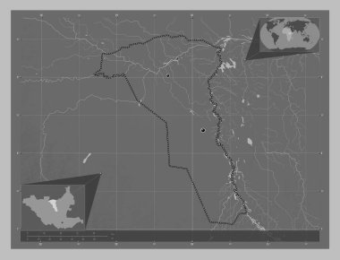 Unity, state of South Sudan. Grayscale elevation map with lakes and rivers. Locations of major cities of the region. Corner auxiliary location maps