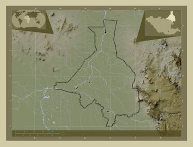 Upper Nile, state of South Sudan. Elevation map colored in wiki style with lakes and rivers. Locations of major cities of the region. Corner auxiliary location maps