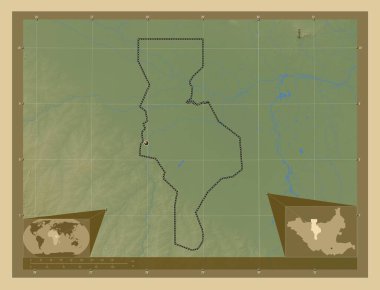 Warrap, state of South Sudan. Colored elevation map with lakes and rivers. Corner auxiliary location maps