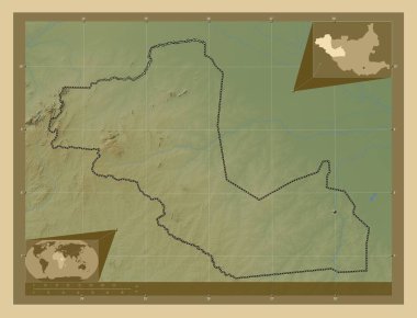 Western Bahr-el-Ghazal, state of South Sudan. Colored elevation map with lakes and rivers. Corner auxiliary location maps