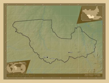 Western Equatoria, state of South Sudan. Colored elevation map with lakes and rivers. Locations and names of major cities of the region. Corner auxiliary location maps