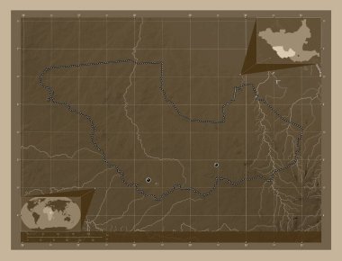 Western Equatoria, state of South Sudan. Elevation map colored in sepia tones with lakes and rivers. Locations of major cities of the region. Corner auxiliary location maps