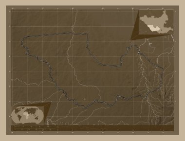 Western Equatoria, state of South Sudan. Elevation map colored in sepia tones with lakes and rivers. Corner auxiliary location maps