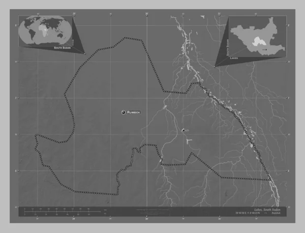 Meren Zuid Soedan Grayscale Hoogte Kaart Met Meren Rivieren Locaties — Stockfoto