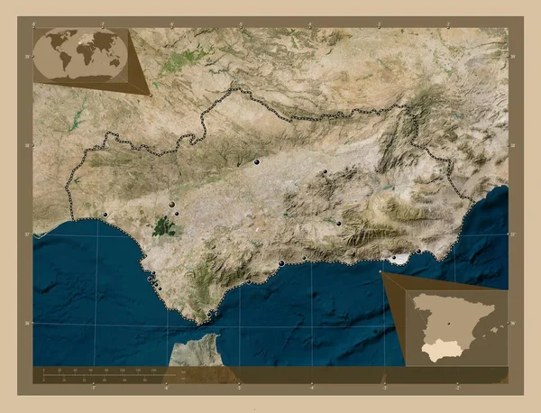 Andalusien Autonome Gemeinschaft Von Spanien Satellitenkarte Mit Niedriger Auflösung Standorte — Stockfoto