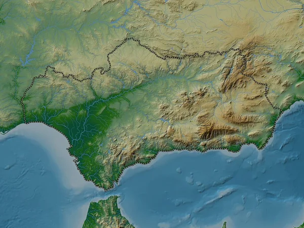 Andalusien Autonome Gemeinschaft Von Spanien Farbige Höhenkarte Mit Seen Und — Stockfoto