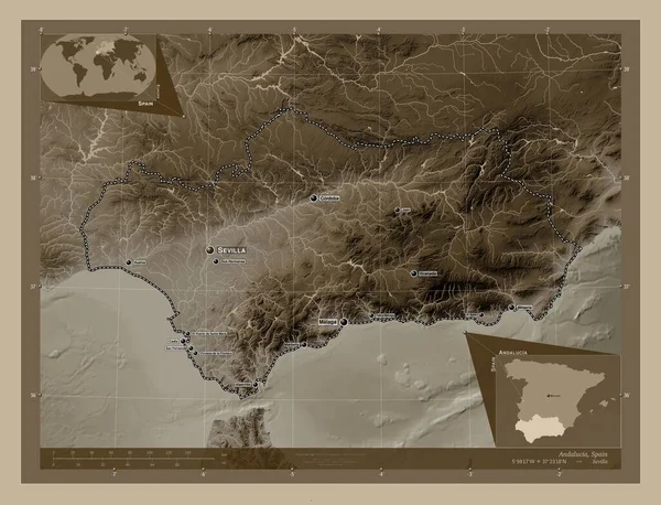 Andalucia Autonomous Community Spain Elevation Map Colored Sepia Tones Lakes — Zdjęcie stockowe