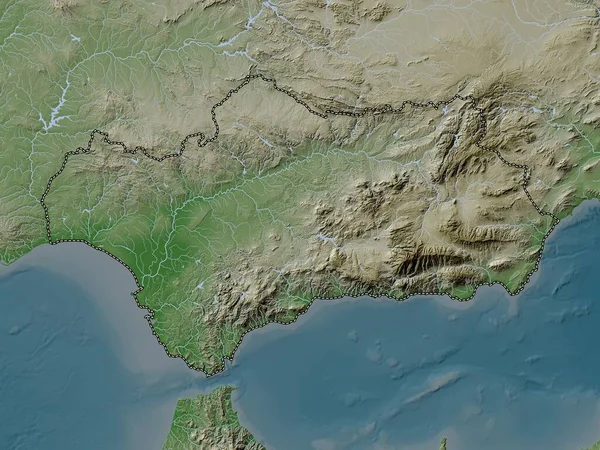 Endülüs Spanya Özerk Topluluğu Yükseklik Haritası Göller Nehirlerle Wiki Stilinde — Stok fotoğraf