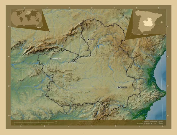 Castilla Mancha Autonomous Community Spain Colored Elevation Map Lakes Rivers — 图库照片
