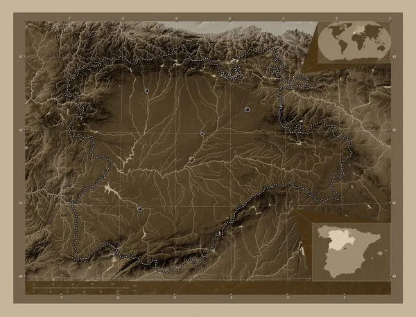 Кастилья Леон Автономное Сообщество Испании Карта Высоты Окрашенная Сепиевые Тона — стоковое фото