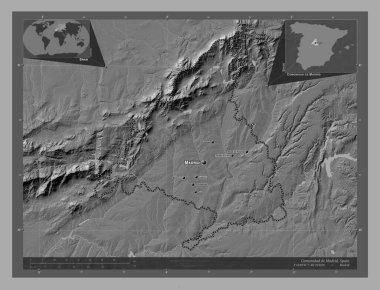 Comunidad de Madrid, autonomous community of Spain. Bilevel elevation map with lakes and rivers. Locations and names of major cities of the region. Corner auxiliary location maps
