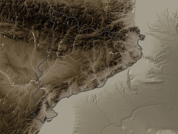 Cataluna Autonomous Community Spain Elevation Map Colored Sepia Tones Lakes — Stock Photo, Image
