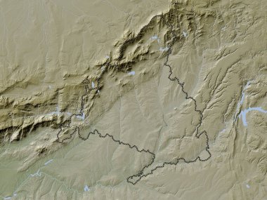 Comunidad de Madrid, autonomous community of Spain. Elevation map colored in wiki style with lakes and rivers