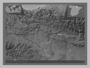 Comunidad Foral de Navarra, autonomous community of Spain. Grayscale elevation map with lakes and rivers. Locations of major cities of the region. Corner auxiliary location maps