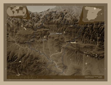 Comunidad Foral de Navarra, autonomous community of Spain. Elevation map colored in sepia tones with lakes and rivers. Locations and names of major cities of the region. Corner auxiliary location maps clipart