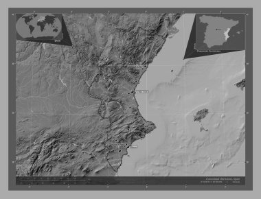 Comunidad Valenciana, autonomous community of Spain. Bilevel elevation map with lakes and rivers. Locations and names of major cities of the region. Corner auxiliary location maps