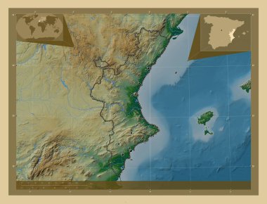 Comunidad Valenciana, autonomous community of Spain. Colored elevation map with lakes and rivers. Locations of major cities of the region. Corner auxiliary location maps