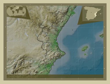 Comunidad Valenciana, autonomous community of Spain. Elevation map colored in wiki style with lakes and rivers. Locations of major cities of the region. Corner auxiliary location maps