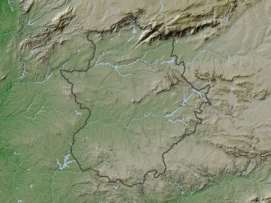 Extremadura, autonomous community of Spain. Elevation map colored in wiki style with lakes and rivers