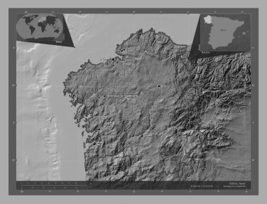 Galicia, autonomous community of Spain. Bilevel elevation map with lakes and rivers. Locations and names of major cities of the region. Corner auxiliary location maps