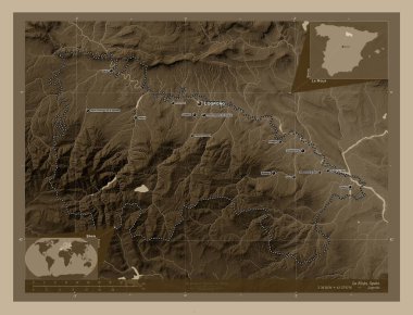 La Rioja, autonomous community of Spain. Elevation map colored in sepia tones with lakes and rivers. Locations and names of major cities of the region. Corner auxiliary location maps