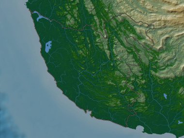 Galle, district of Sri Lanka. Colored elevation map with lakes and rivers