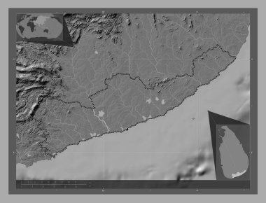 Hambantota, district of Sri Lanka. Bilevel elevation map with lakes and rivers. Corner auxiliary location maps
