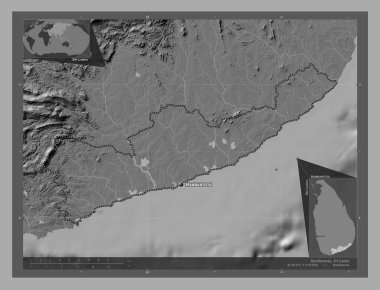 Hambantota, district of Sri Lanka. Bilevel elevation map with lakes and rivers. Locations and names of major cities of the region. Corner auxiliary location maps