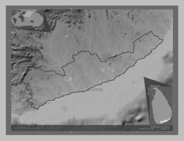 Hambantota, district of Sri Lanka. Grayscale elevation map with lakes and rivers. Locations and names of major cities of the region. Corner auxiliary location maps