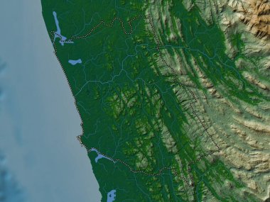 Kalutara, district of Sri Lanka. Colored elevation map with lakes and rivers