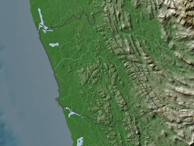Kalutara, district of Sri Lanka. Elevation map colored in wiki style with lakes and rivers