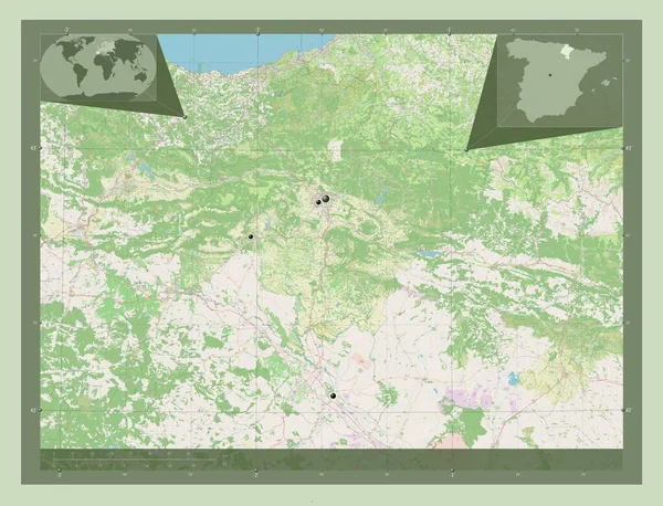 Foral Navarra 自治体スペイン ストリートマップを開く 地域の主要都市の場所 コーナー補助位置図 — ストック写真