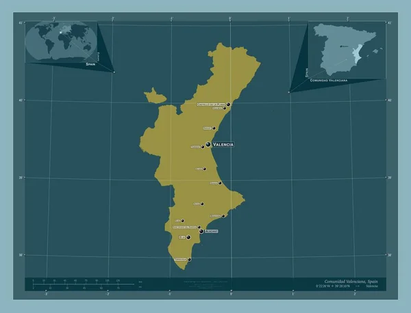 华伦西那社区 西班牙自治区 固体的颜色形状 该区域主要城市的地点和名称 角辅助位置图 — 图库照片