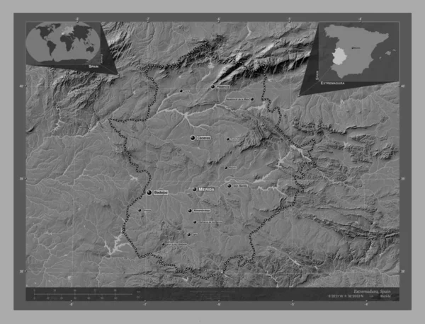Extremadura Autonomous Community Spain Bilevel Elevation Map Lakes Rivers Locations — Zdjęcie stockowe