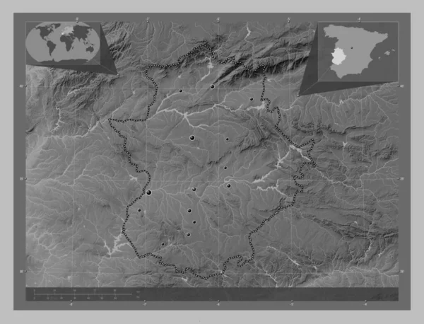 Extremadura Autonomous Community Spain Grayscale Elevation Map Lakes Rivers Locations — Stock Photo, Image