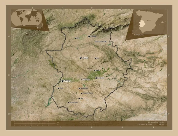 Extremadura Autonomous Community Spain Low Resolution Satellite Map Locations Names —  Fotos de Stock