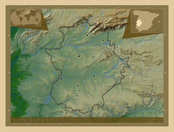 Extremadura Autonomous Community Spain Colored Elevation Map Lakes Rivers Locations — Stock Photo, Image