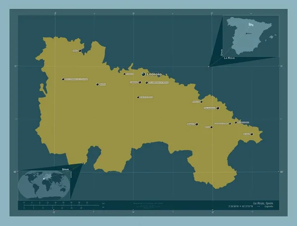 リオハ スペインの自治体 しっかりした色の形 地域の主要都市の位置と名前 コーナー補助位置図 — ストック写真
