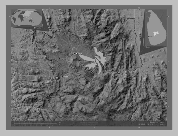 カンディ スリランカの地区 湖や川とグレースケールの標高マップ 地域の主要都市の位置と名前 コーナー補助位置図 — ストック写真