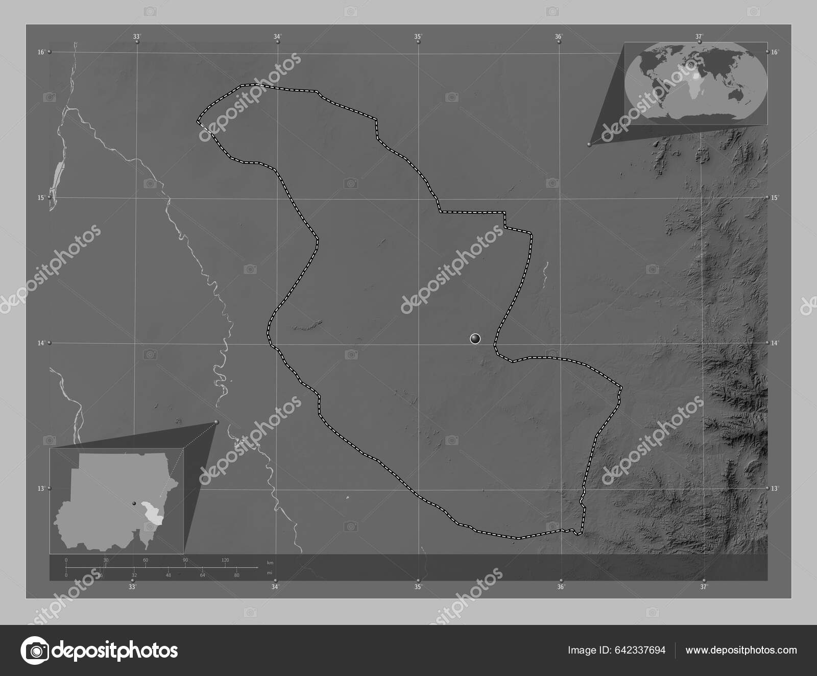 Qadarif State Sudan Grayscale Elevation Map Lakes Rivers Corner ...