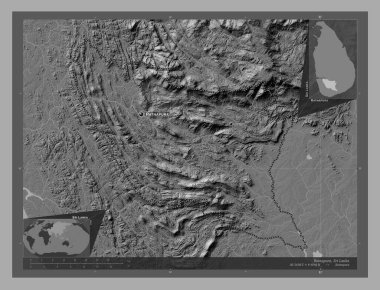 Ratnapura, district of Sri Lanka. Bilevel elevation map with lakes and rivers. Locations and names of major cities of the region. Corner auxiliary location maps