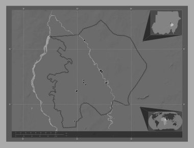 Al Jazirah, state of Sudan. Bilevel elevation map with lakes and rivers. Locations of major cities of the region. Corner auxiliary location maps